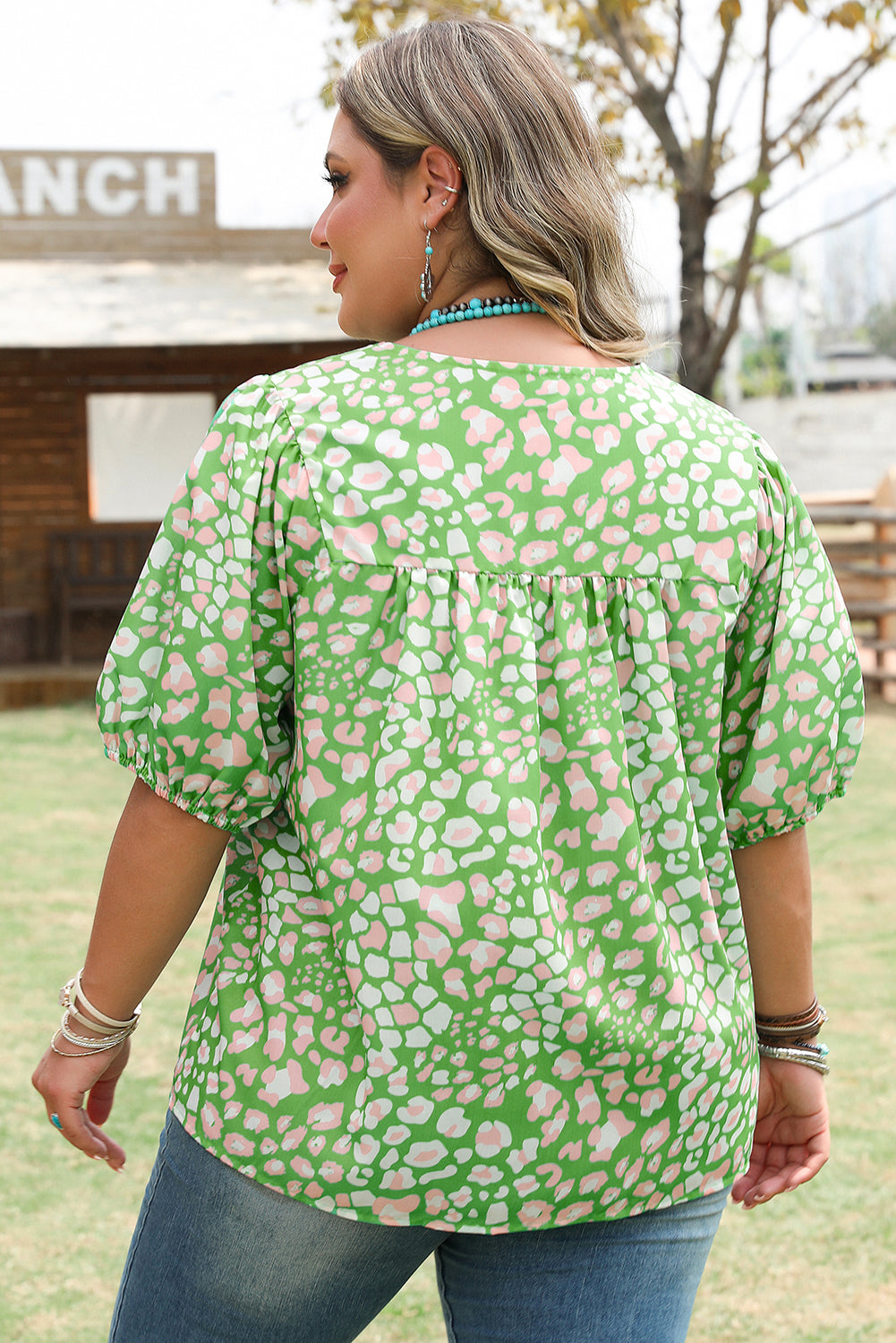 Plus Size Abstract Leopard Tassel Tie Blouse