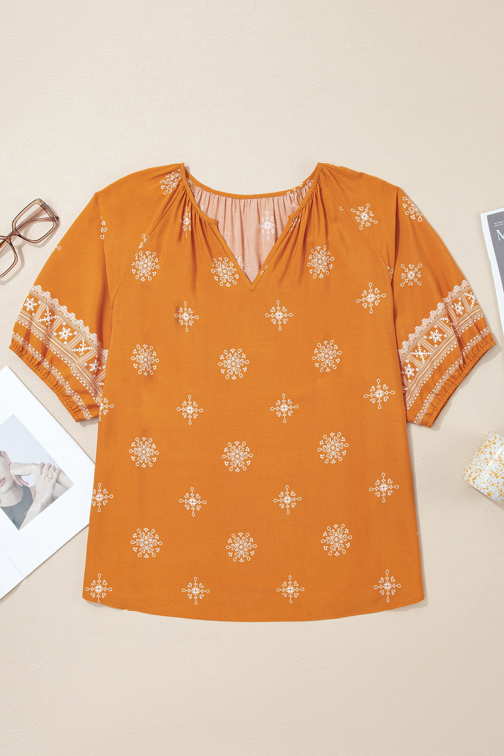 Plus Size Boho Floral Notch V-Neck Top
