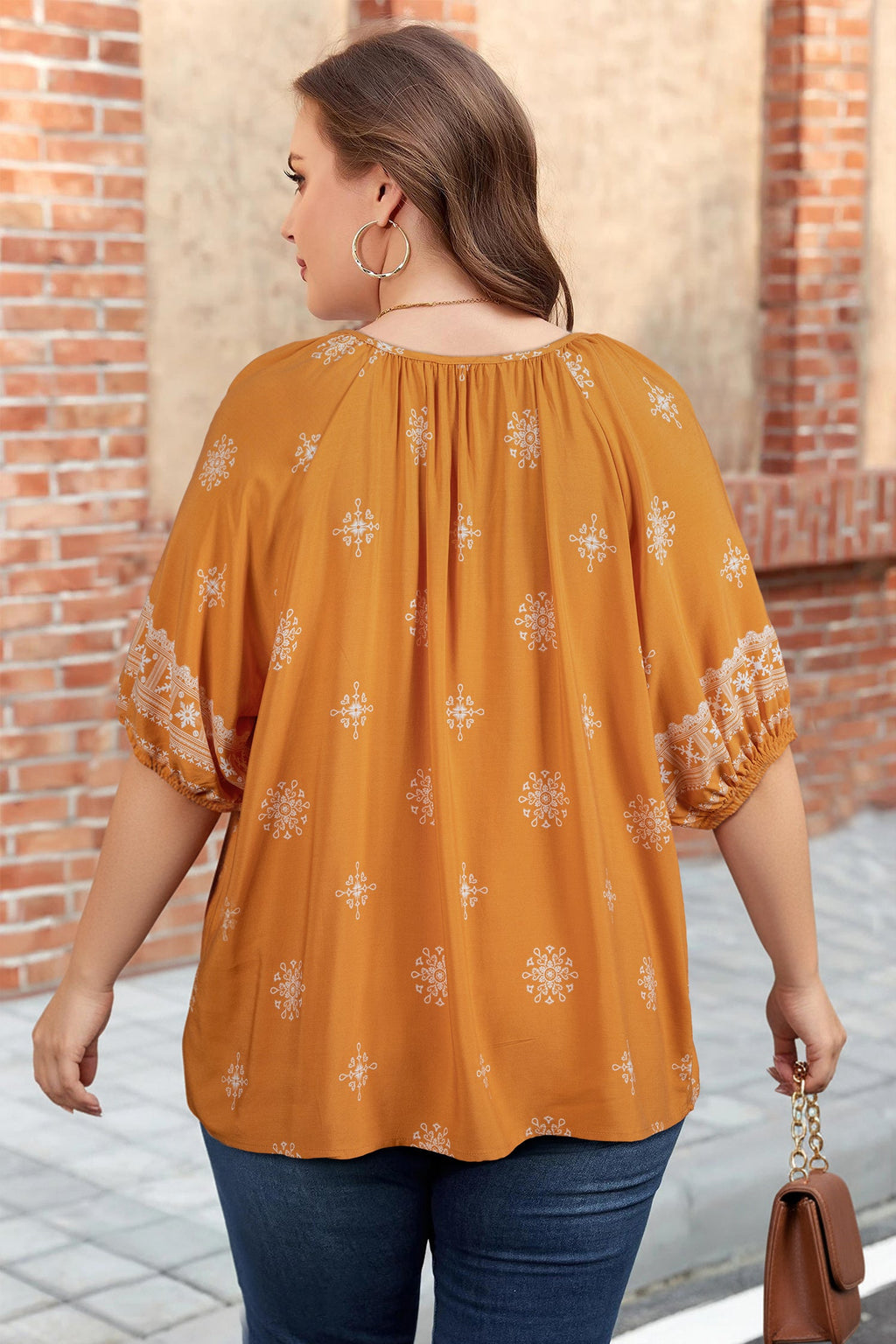 Plus Size Boho Floral Notch V-Neck Top