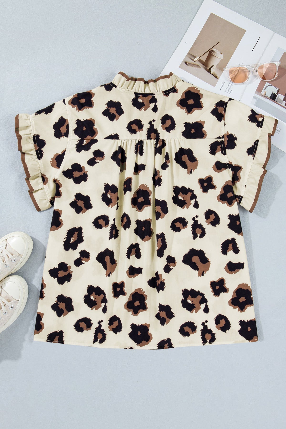 Plus Size Leopard Frilled Button Down Blouse