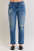 Judy Blue Full Size Mid Rise Bf Patch & Repair Destroy Release Hem Jeans Plus Size