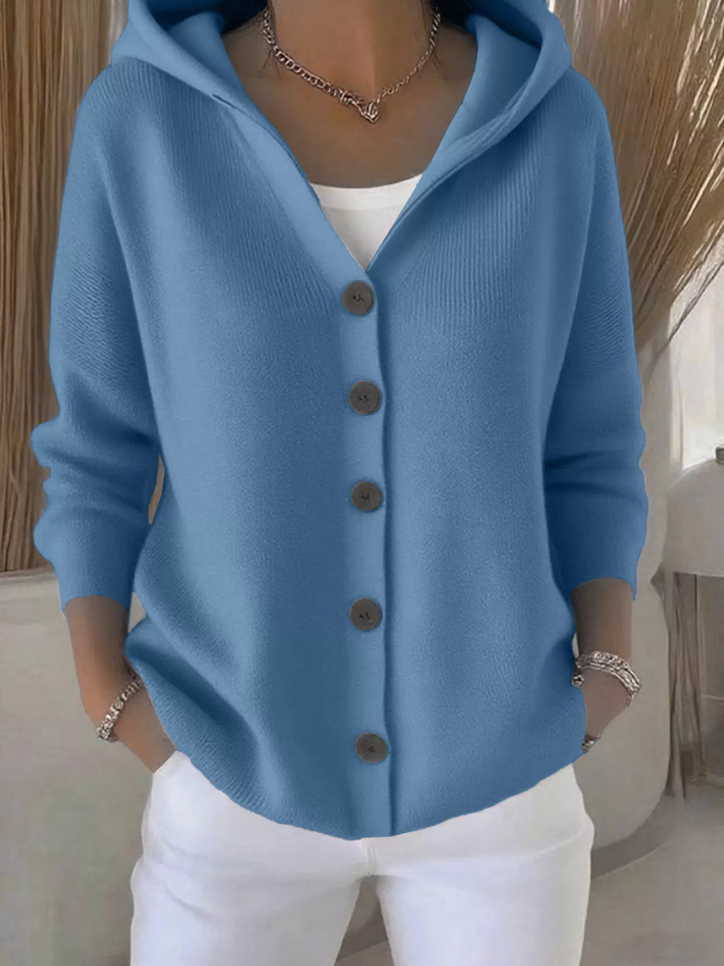 Plus Size Hooded Button-Down Knit Cardigan