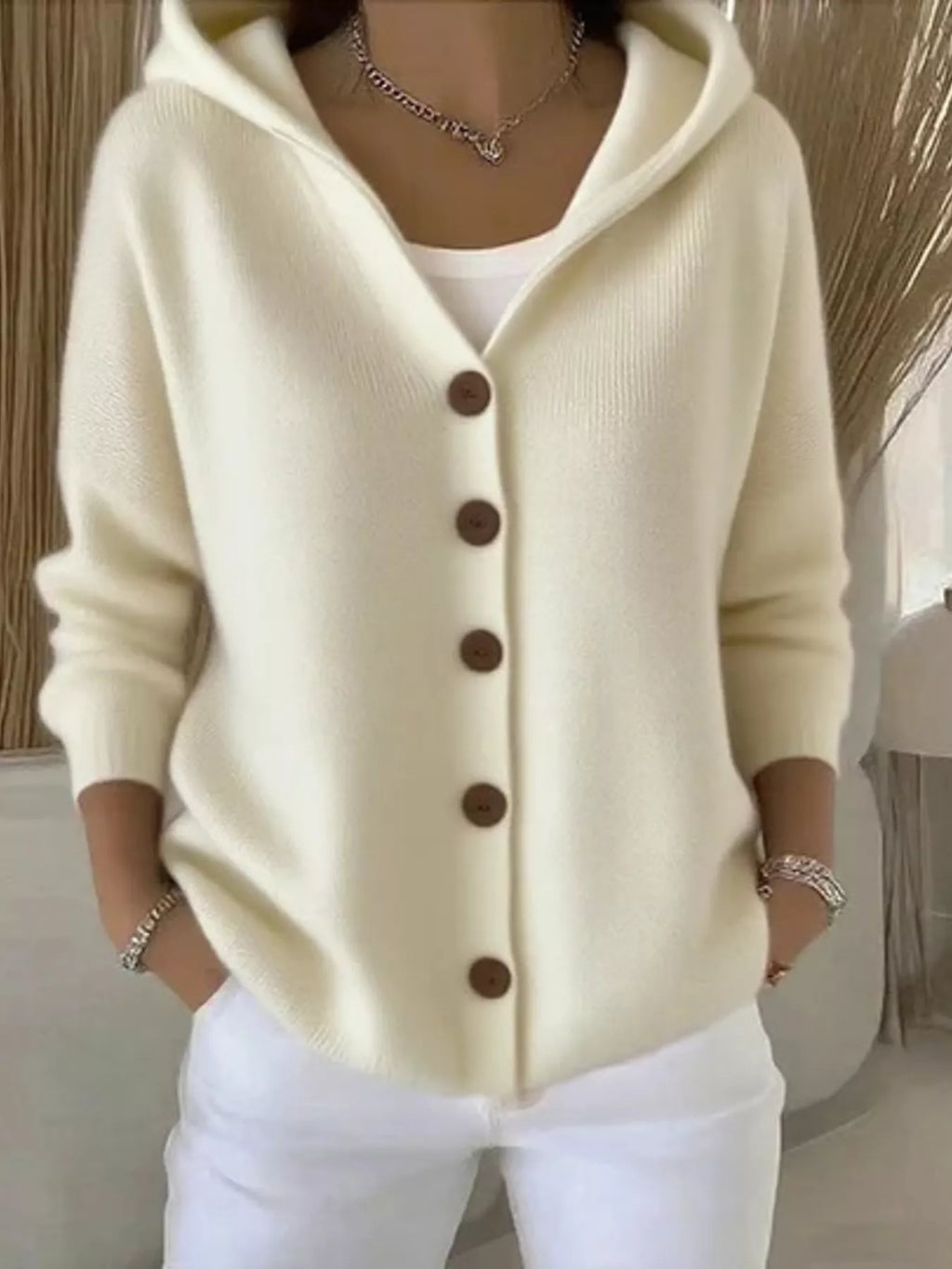 Plus Size Hooded Button-Down Knit Cardigan