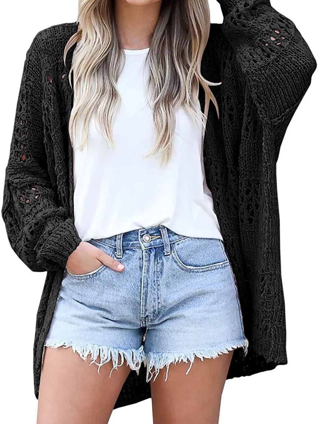 Plus Size Openwork Open Front Lightweight Cardigan