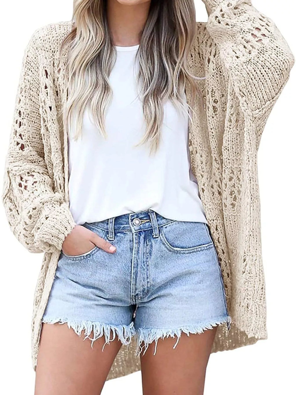 Plus Size Openwork Open Front Lightweight Cardigan
