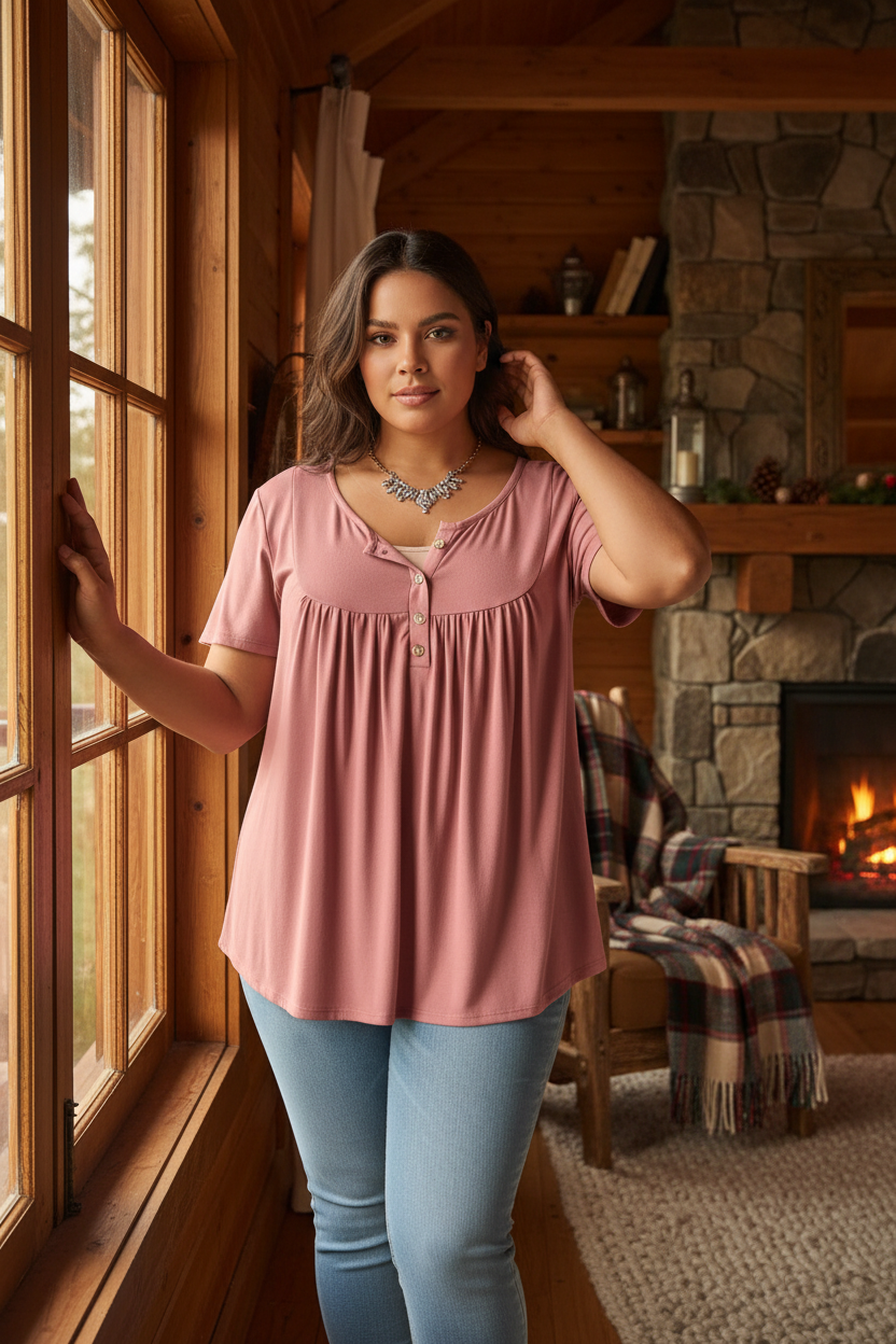 Plus size model wearing a button-up loose fit tee, standing by a rustic cabin window with warm natural light and cozy cabin decor in the background