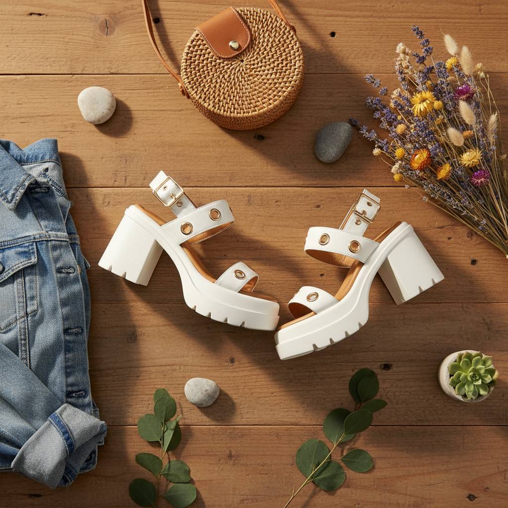 White platform heel sandals with eyelet grommet details styled in a flat lay with dried wildflowers, denim jacket and woven bag on a rustic wood surface
