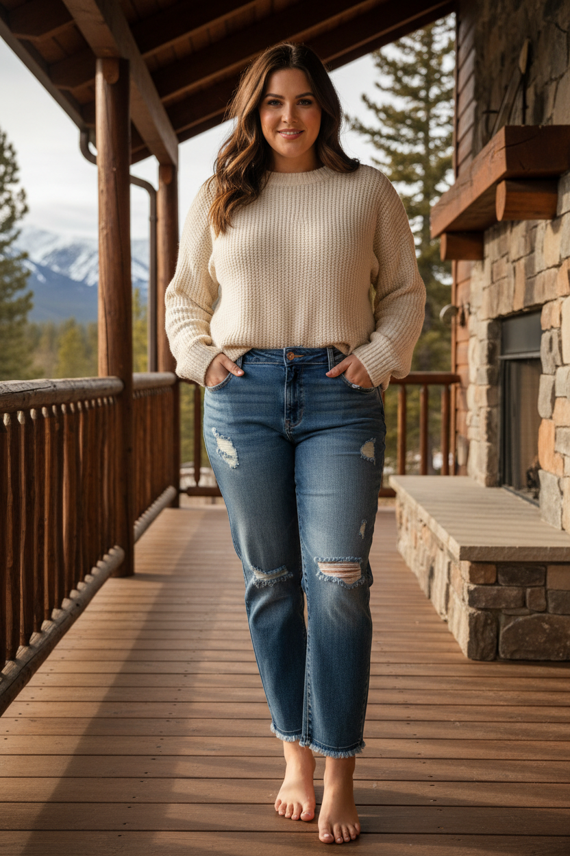 Plus size woman wearing Judy Blue mid rise distressed boyfriend jeans with patch details and released hem in a cozy cabin setting