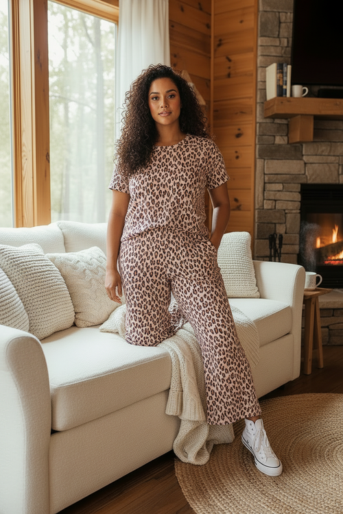 Plus size model standing in a cozy cabin interior wearing the Ariya Print Casual Lounge Set, showing the full fit with warm amber lighting and rustic decor in the background