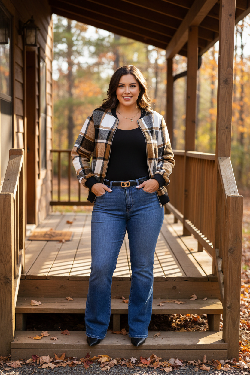 Plus size curvy woman wearing vintage brown black cream plaid zip-up bomber jacket with jeans in a rustic autumn cabin setting