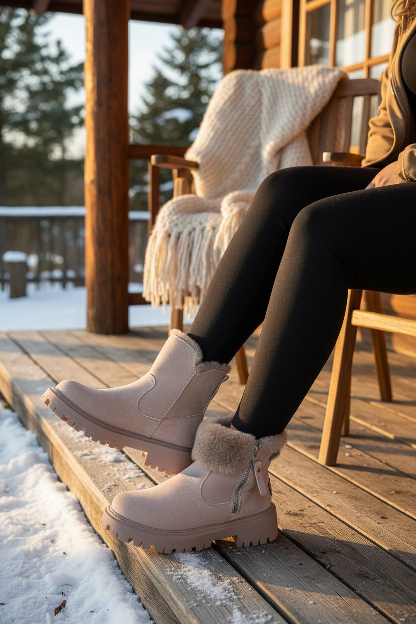 Plus size woman wearing blush pink velvet lined snow boots with fur trim and side zipper on a rustic cabin porch with snow
