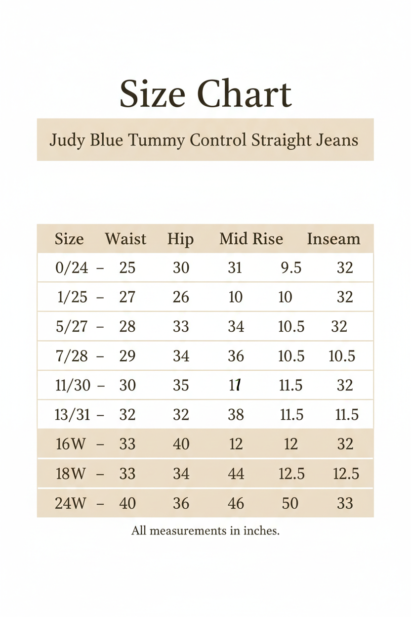 Size chart for Judy Blue Tummy Control Straight Jeans