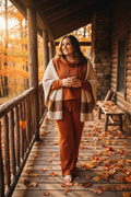 Plus size woman in matching loungewear set on a rustic cabin porch with fall leaves