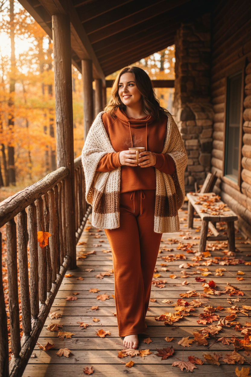 Plus size woman in matching loungewear set on a rustic cabin porch with fall leaves