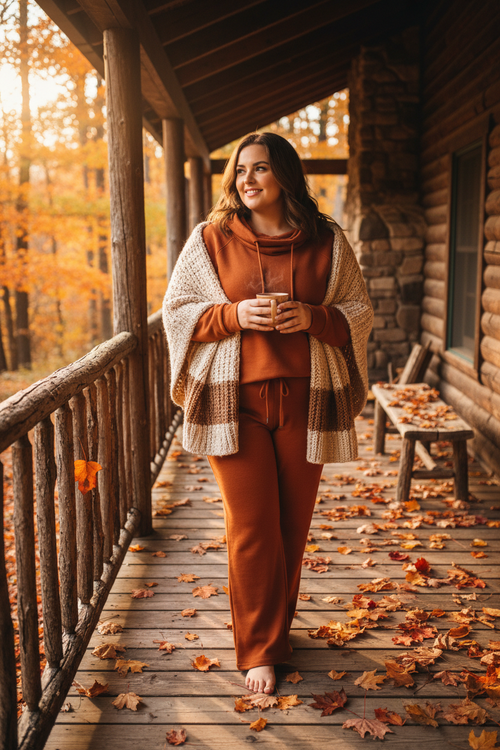 Plus size woman in matching loungewear set on a rustic cabin porch with fall leaves