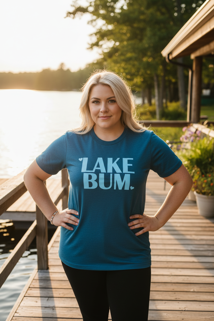 Plus size curvy woman wearing teal blue Lake Bum short sleeve graphic tee with hands on hips at a lakeside cabin dock in golden summer light