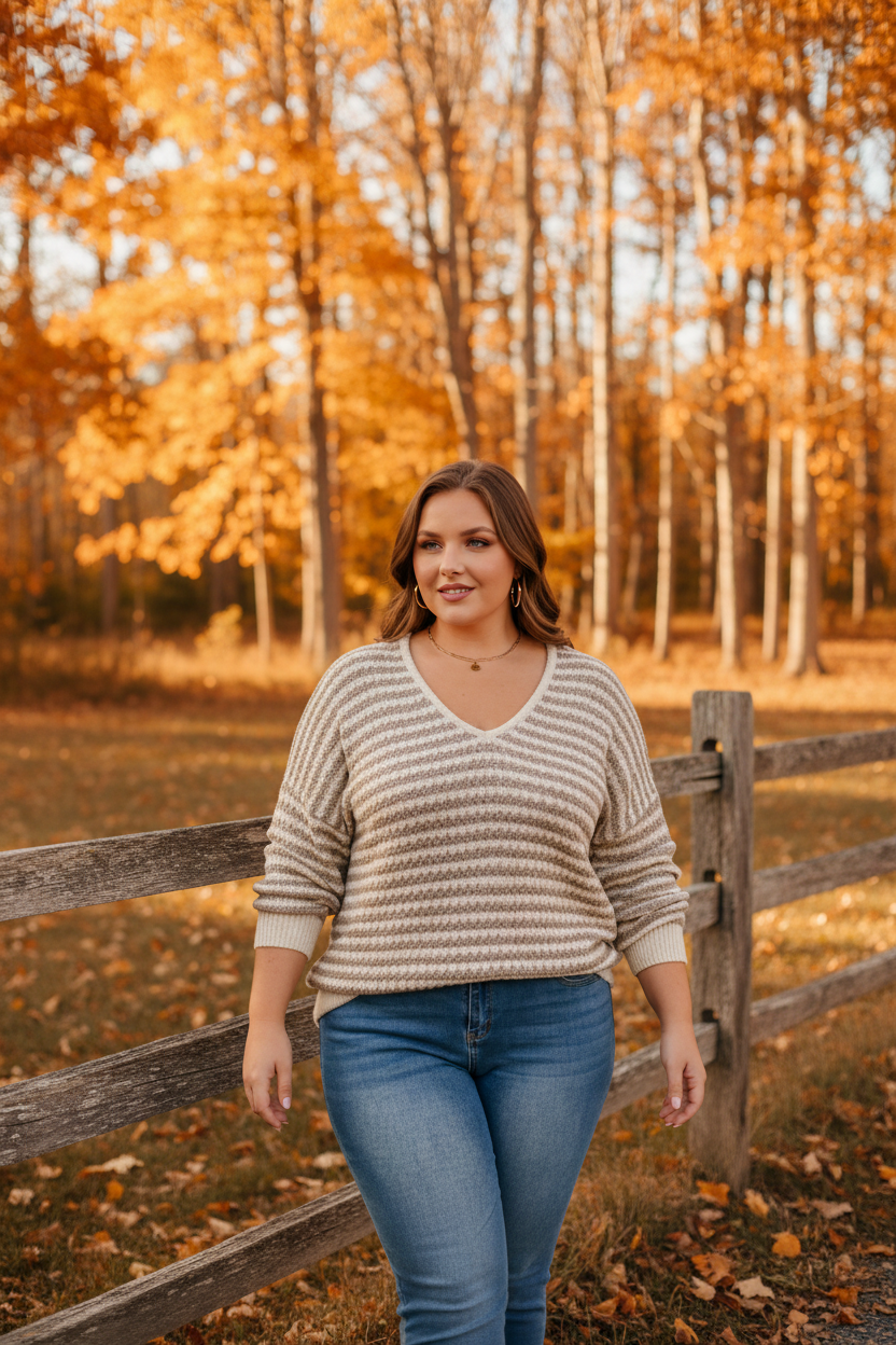 Plus Size Stripe V-Neck Drop Shoulder Sweater lifestyle photo
