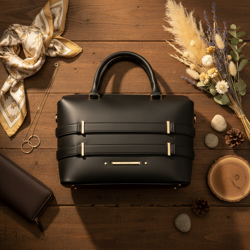 Black vegan leather structured tote bag with gold hardware styled in a flat lay with silk scarf, gold jewelry, dried flowers on a rustic wood surface