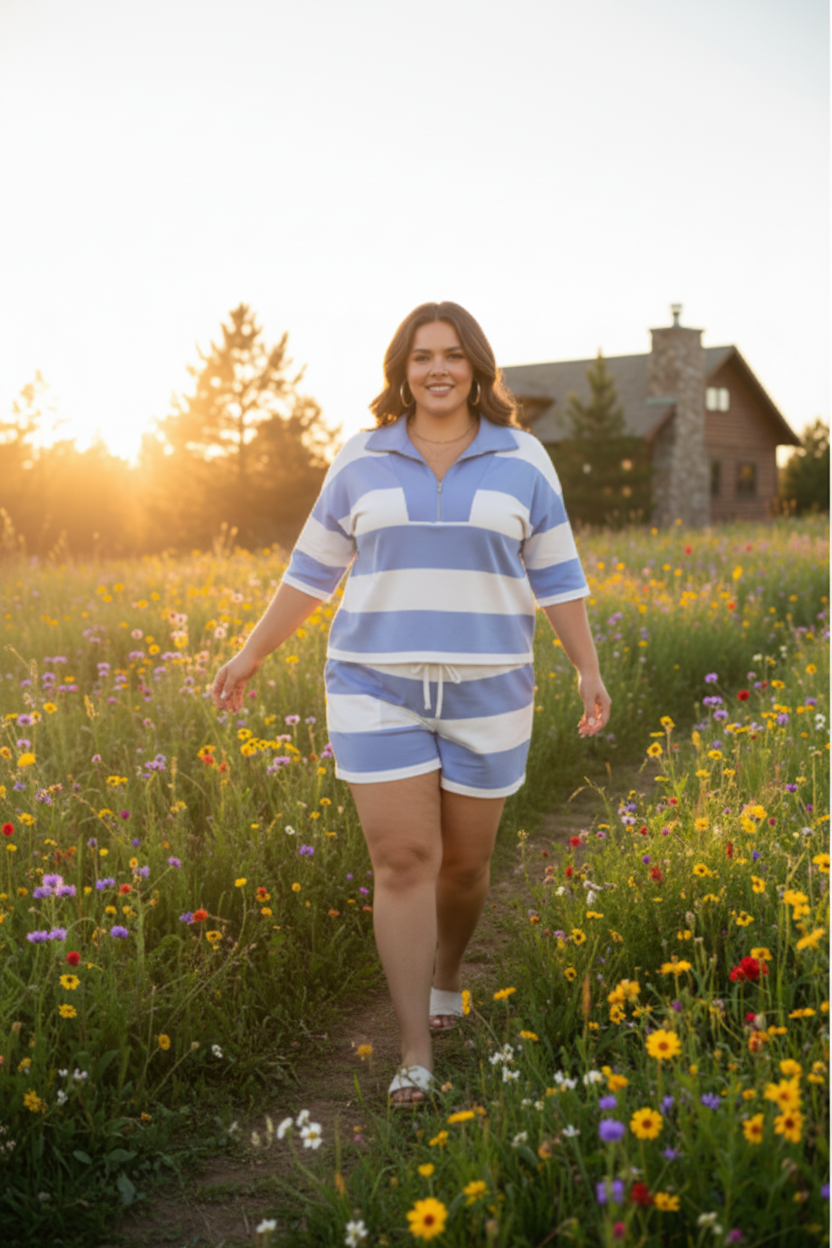Plus Size Stripe Zipped Collar Top & Shorts Set lifestyle photo