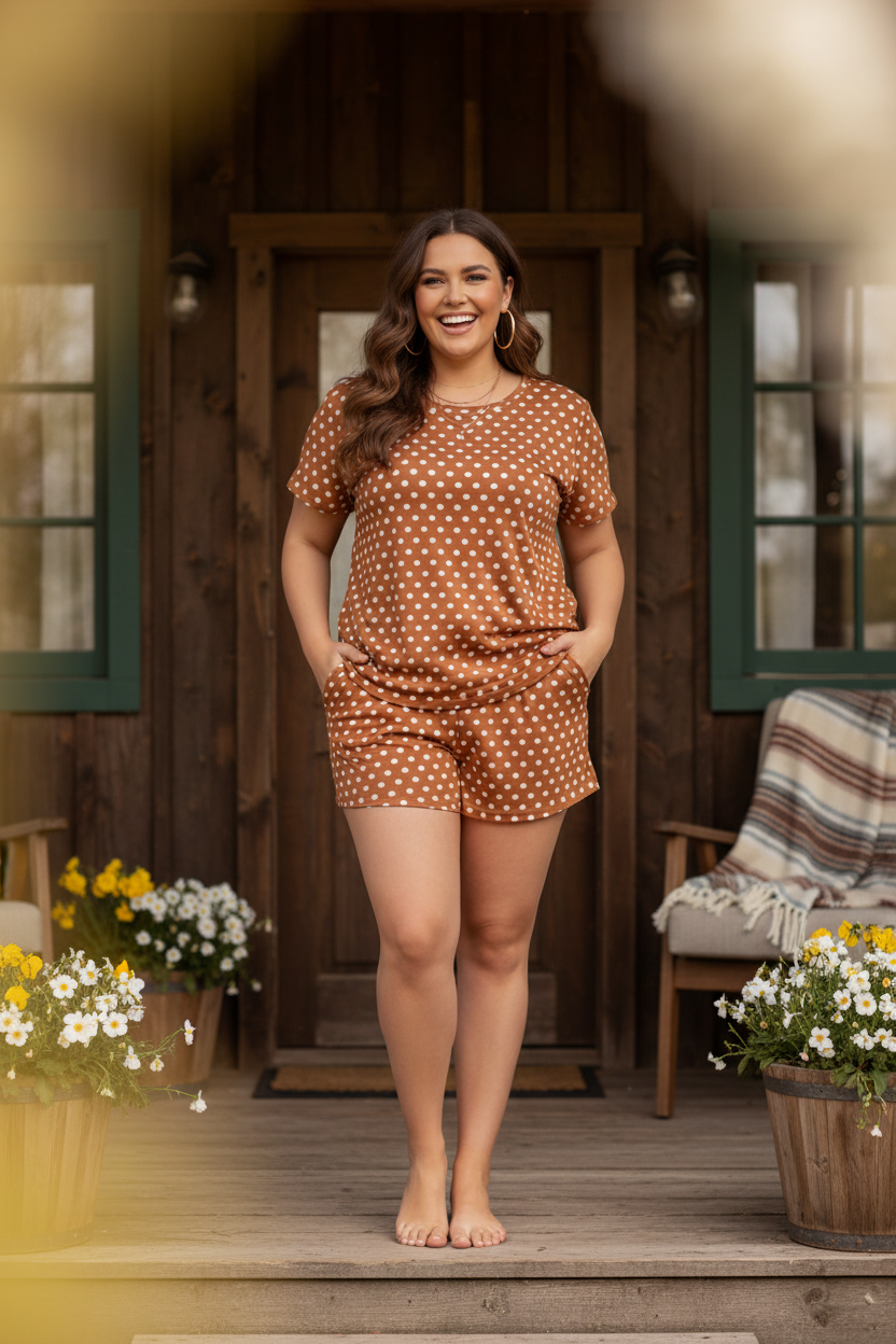 Plus size woman wearing brown and white polka dot short set in a rustic outdoor spring setting