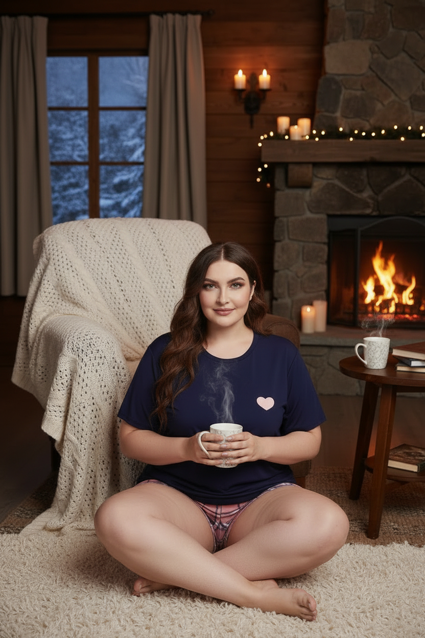 Plus size model in heart graphic top and plaid shorts loungewear set, sitting cross-legged by a cozy cabin fireplace holding a warm mug