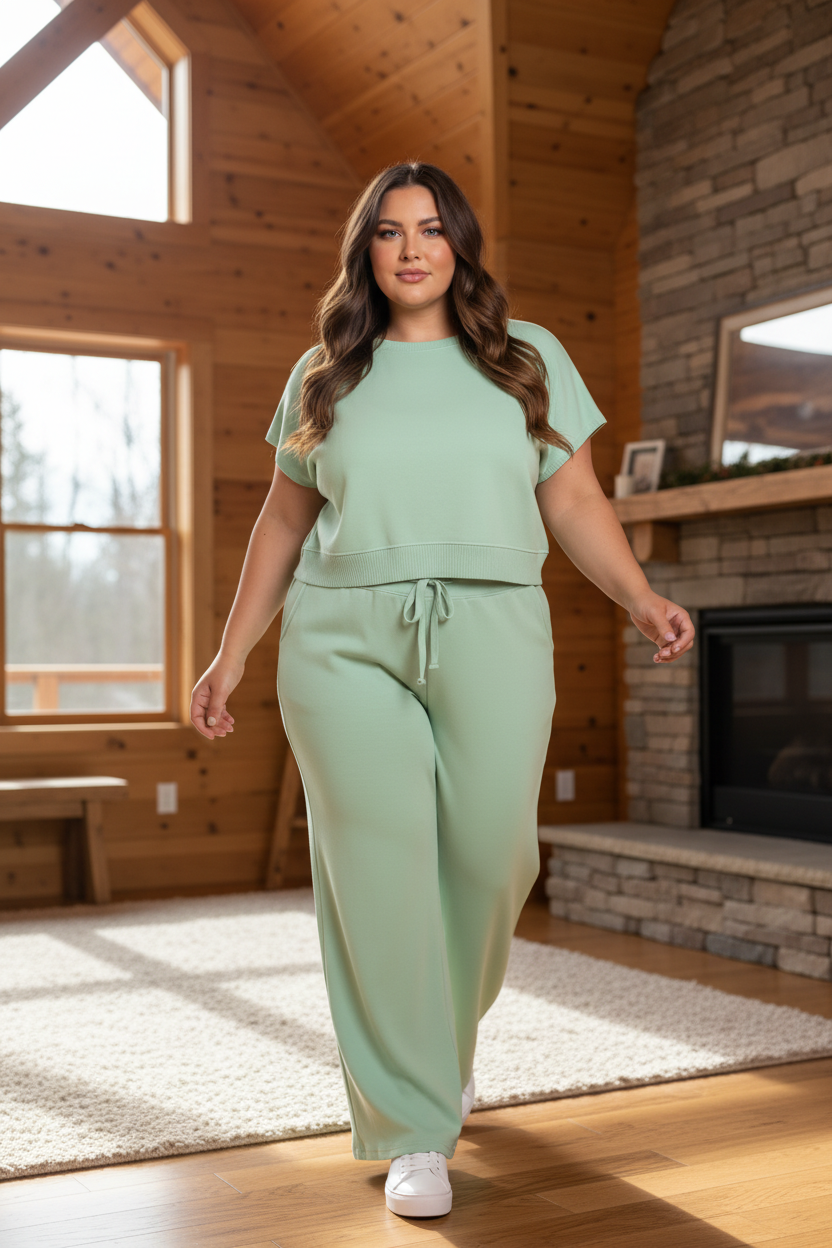 Plus Size Solid Top & Drawstring Pants Set