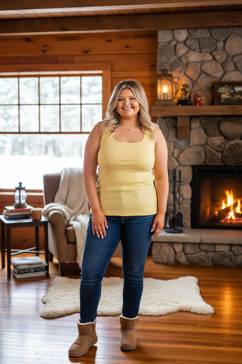 Plus size model wearing a yellow square neck rib knit tank top standing in a cozy cabin interior with warm amber lighting and wood textures