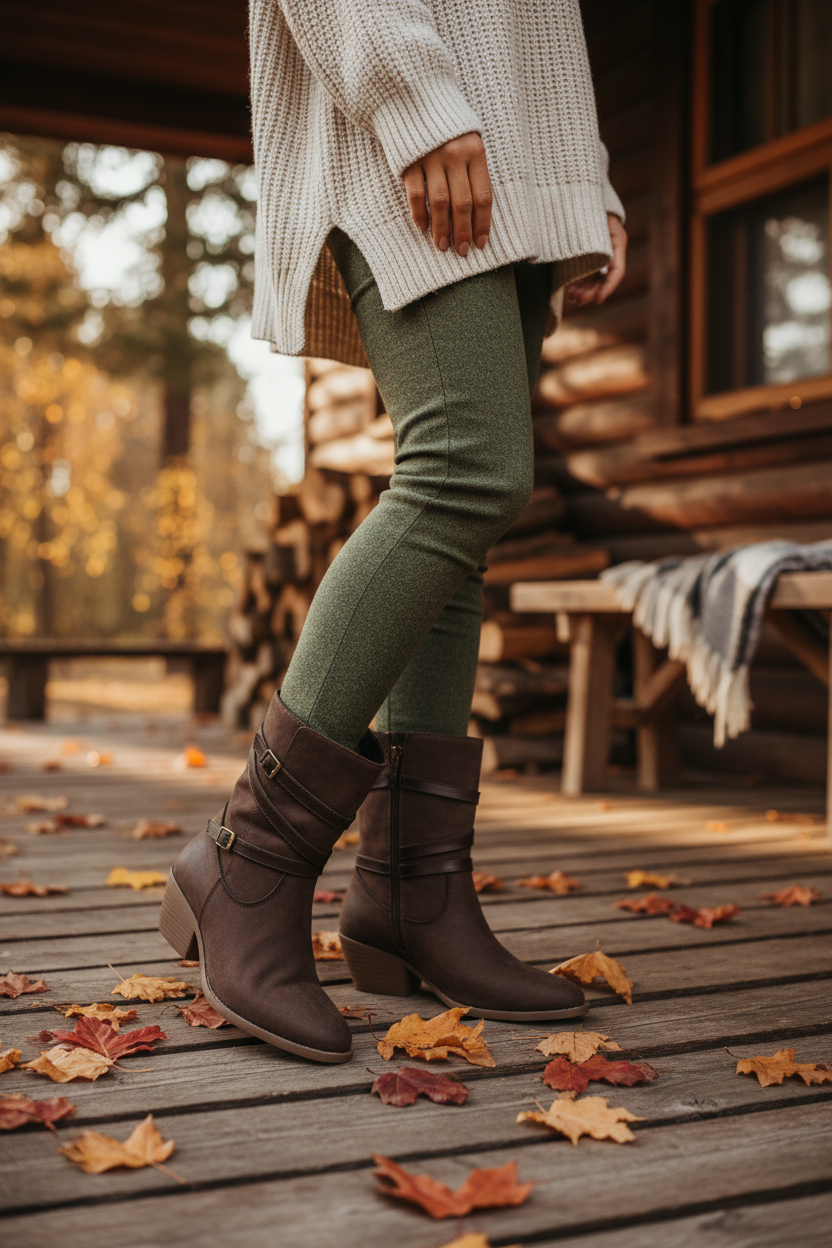 Women's dark brown leather mid boots with double buckle strap details in a cozy cabin setting
