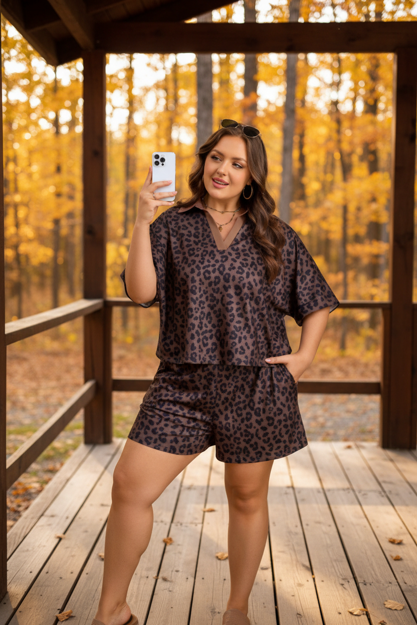 Plus Size Leopard Collared Top & Drawstring Shorts Set lifestyle photo