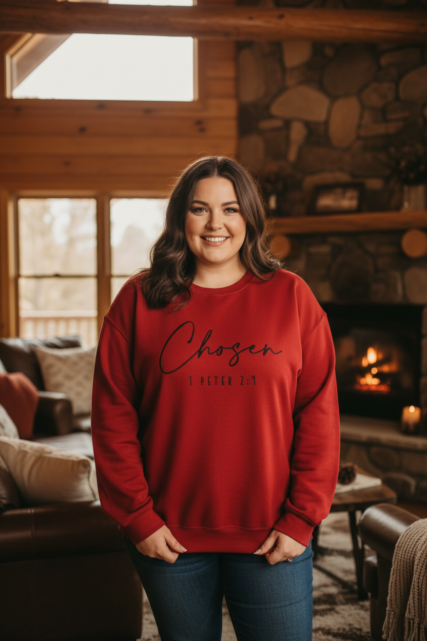 Plus size curvy woman facing forward wearing bold red crewneck sweatshirt with Chosen script lettering and dark jeans in a cozy cabin setting