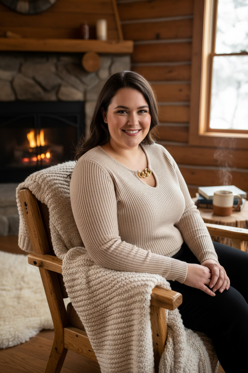 Plus size woman wearing oatmeal ribbed v-neck sweater with gold chain detail in a cozy cabin setting