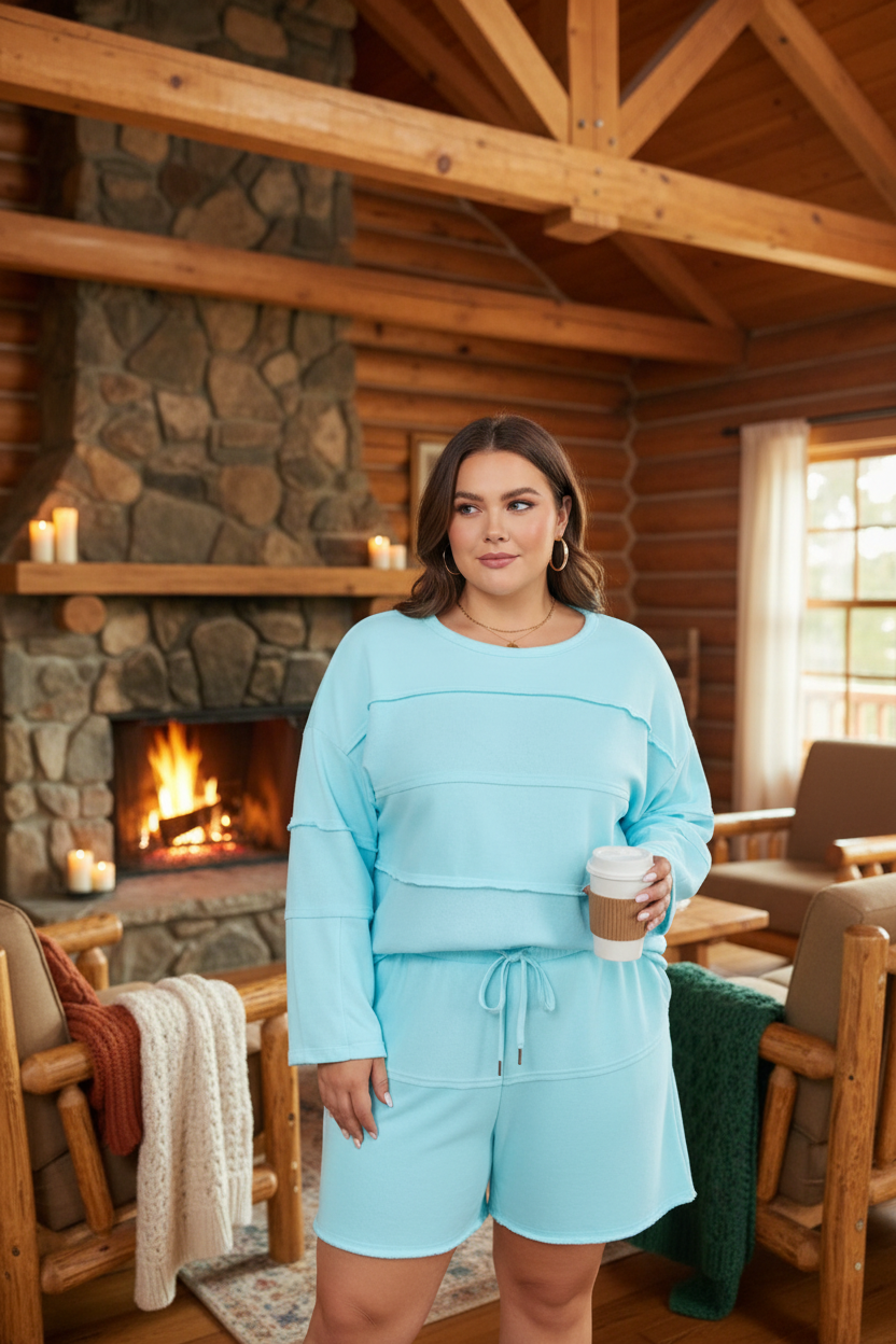 Plus size woman wearing aqua mint raw hem pullover top and shorts set holding coffee in a cozy rustic cabin setting