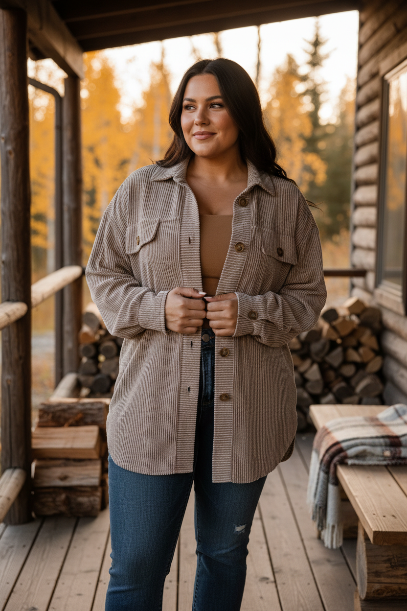 Plus size curvy woman wearing smoke gray corded drop shoulder shacket with gold buttons over camel top and dark jeans in a rustic cabin setting