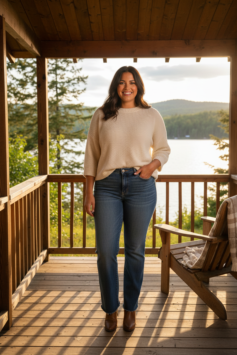 Plus size woman wearing Judy Blue tummy control straight jeans in medium blue wash with slight flare at raw hem in a rustic cabin outdoor setting