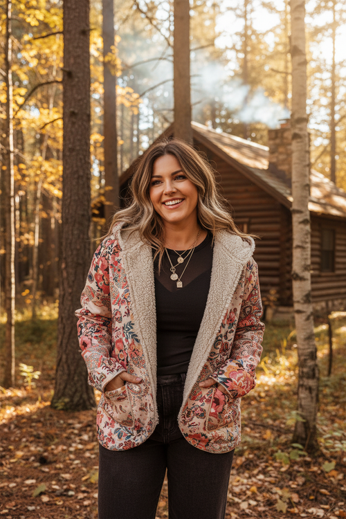 Plus size model wearing the Beige Vintage Paisley Floral Printed Sherpa Lined Hooded Jacket outdoors near a rustic log cabin with pine trees and warm golden autumn light