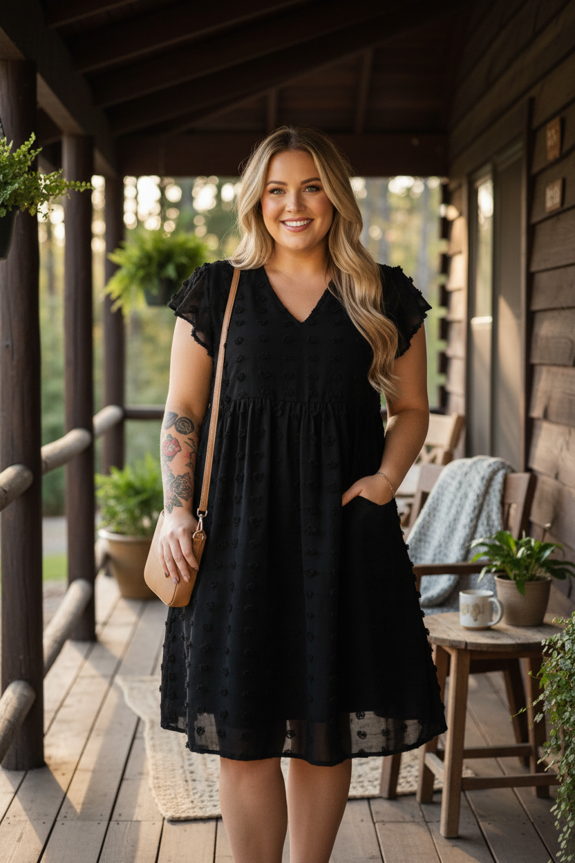 Plus size curvy woman wearing black swiss dot V-neck dress with flutter ruffle sleeves and tiered knee-length skirt in a rustic cabin garden setting