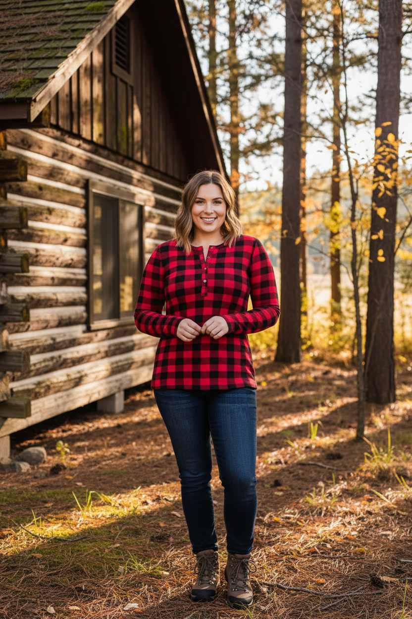 Plus size model wearing a buffalo plaid henley shirt with thumb holes standing outdoors near a rustic log cabin with pine trees and warm golden autumn light