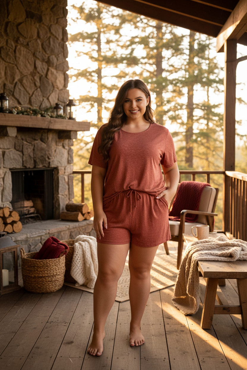 Plus size curvy woman wearing terracotta floral embossed short sleeve top and matching shorts loungewear set in a cozy cabin setting