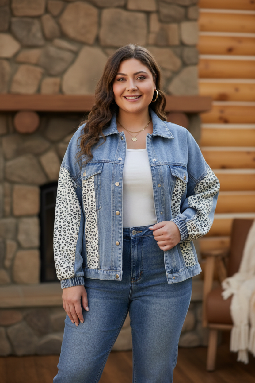 Plus Size Leopard Patchwork Denim Jacket