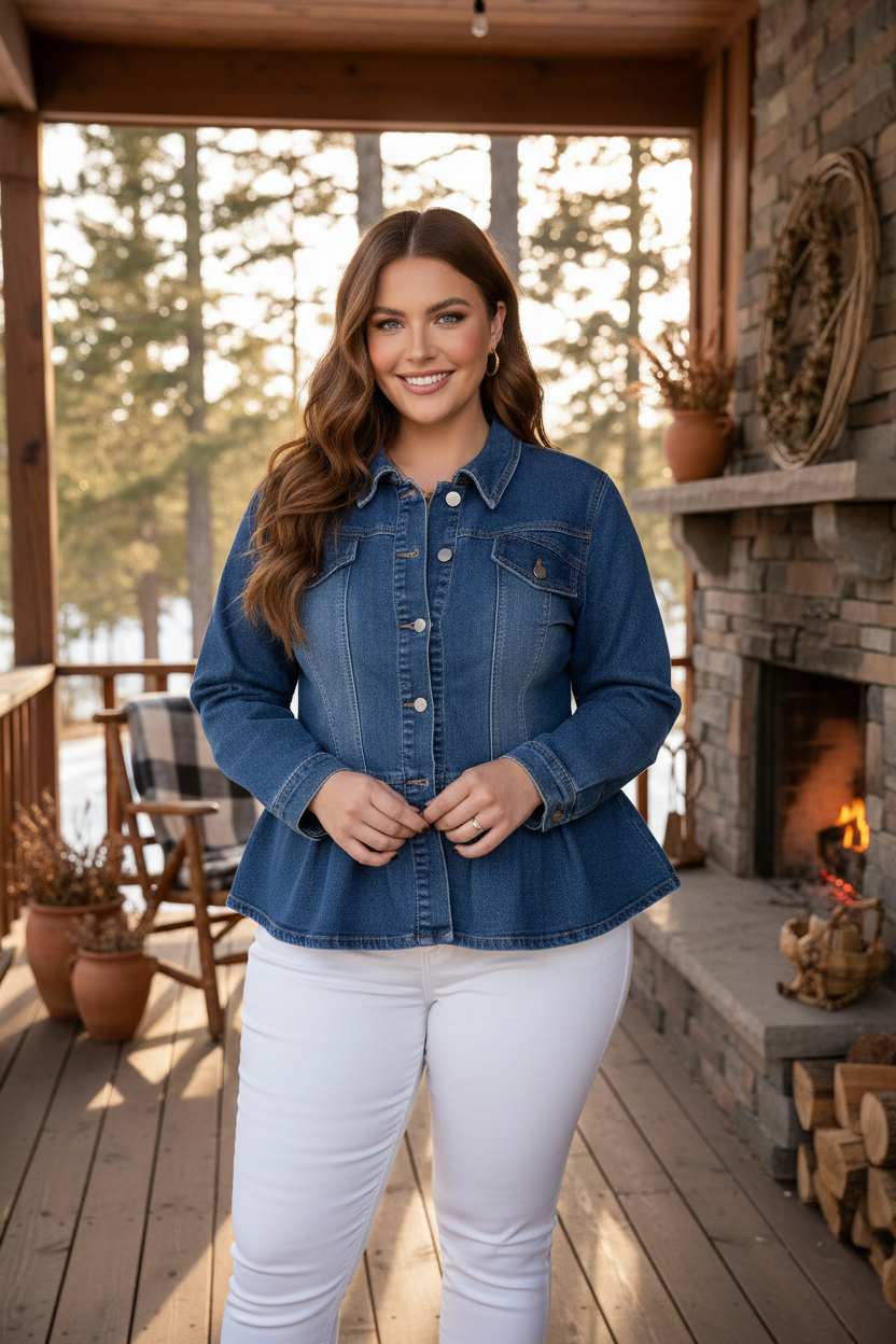 Plus size curvy woman wearing medium wash button-up peplum denim jacket with white pants in a rustic cabin setting