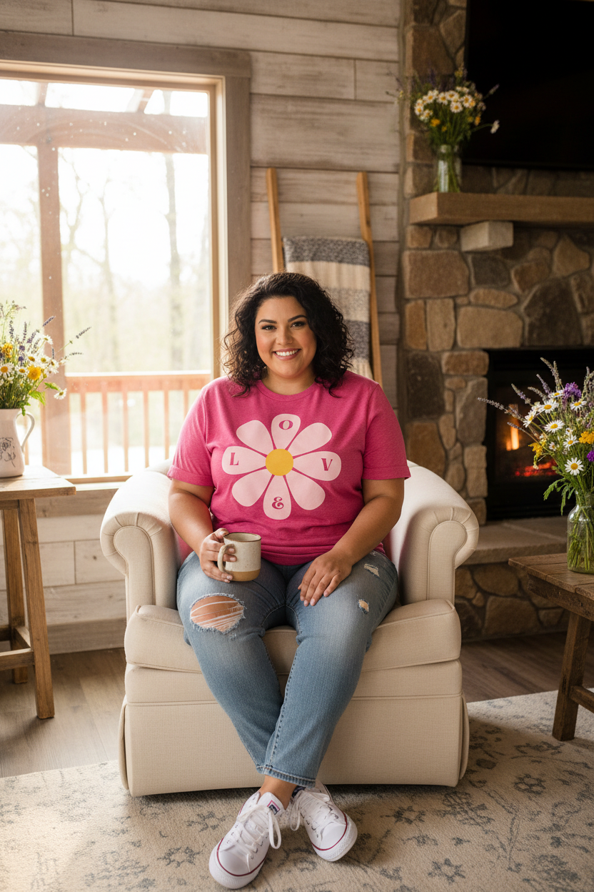 Plus-size woman wearing Love Daisy graphic tee in a cozy spring cabin setting