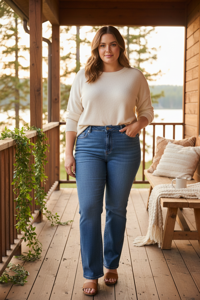 Plus size curvy woman wearing Judy Blue high rise straight leg jeans in medium blue wash with a casual tucked-in top in a rustic cabin setting