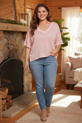 Plus Size Solid Pointelle Knit Rhombus V-Neck Top