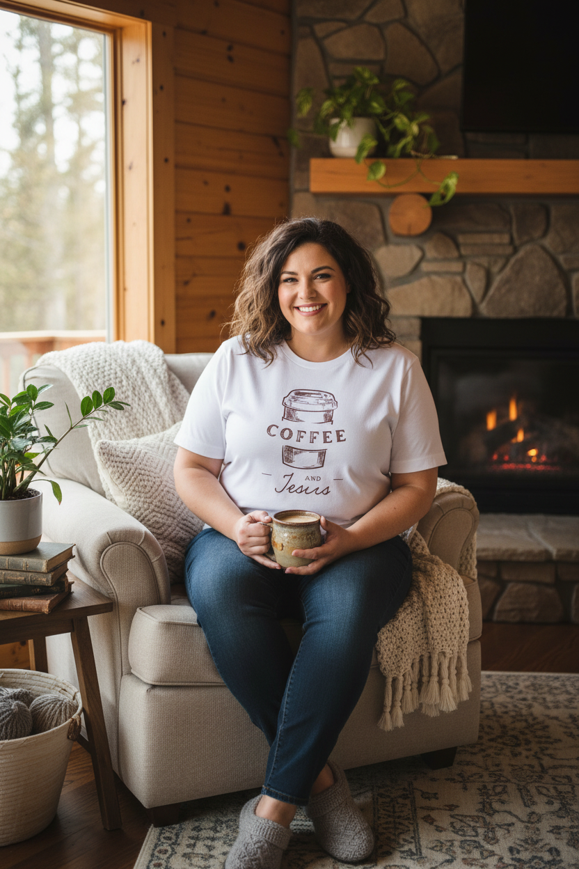 Plus-size woman wearing Coffee and Jesus graphic tee in a cozy cabin setting