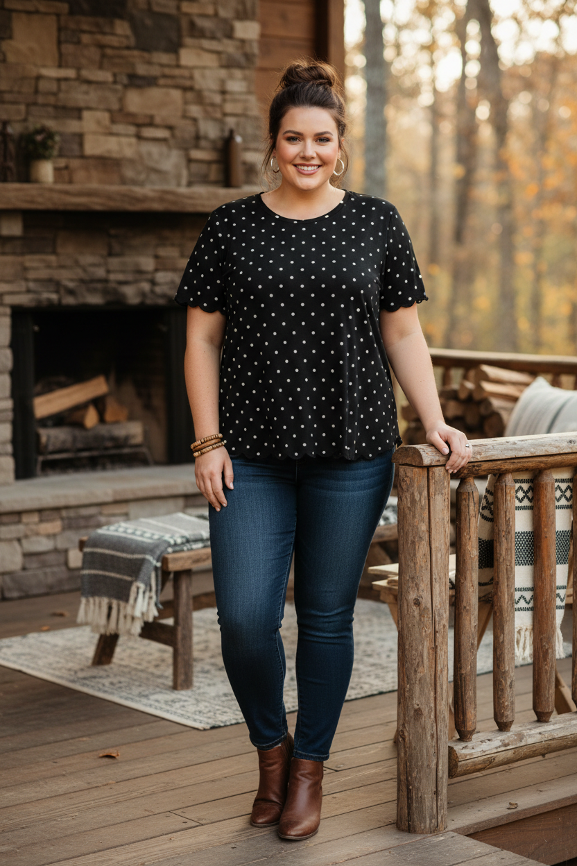 Plus Size Polka Dot Scallop Hem T-Shirt