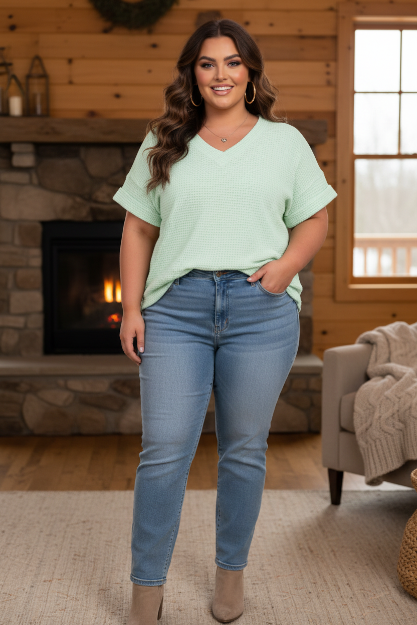Plus Size Solid Waffle Knit V-Neck Short Sleeve Top