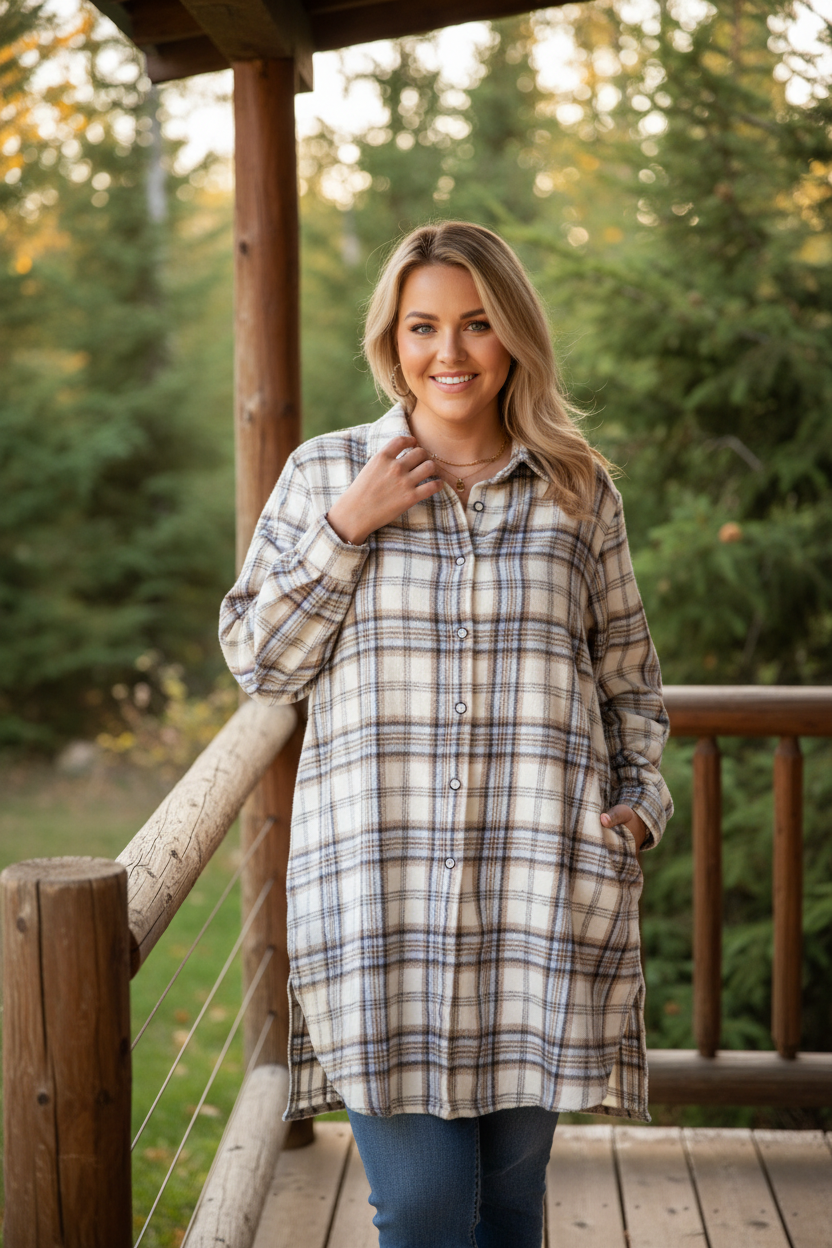 Plus size curvy woman wearing white and gray plaid tunic shacket with button front and side slits in a cozy cabin setting