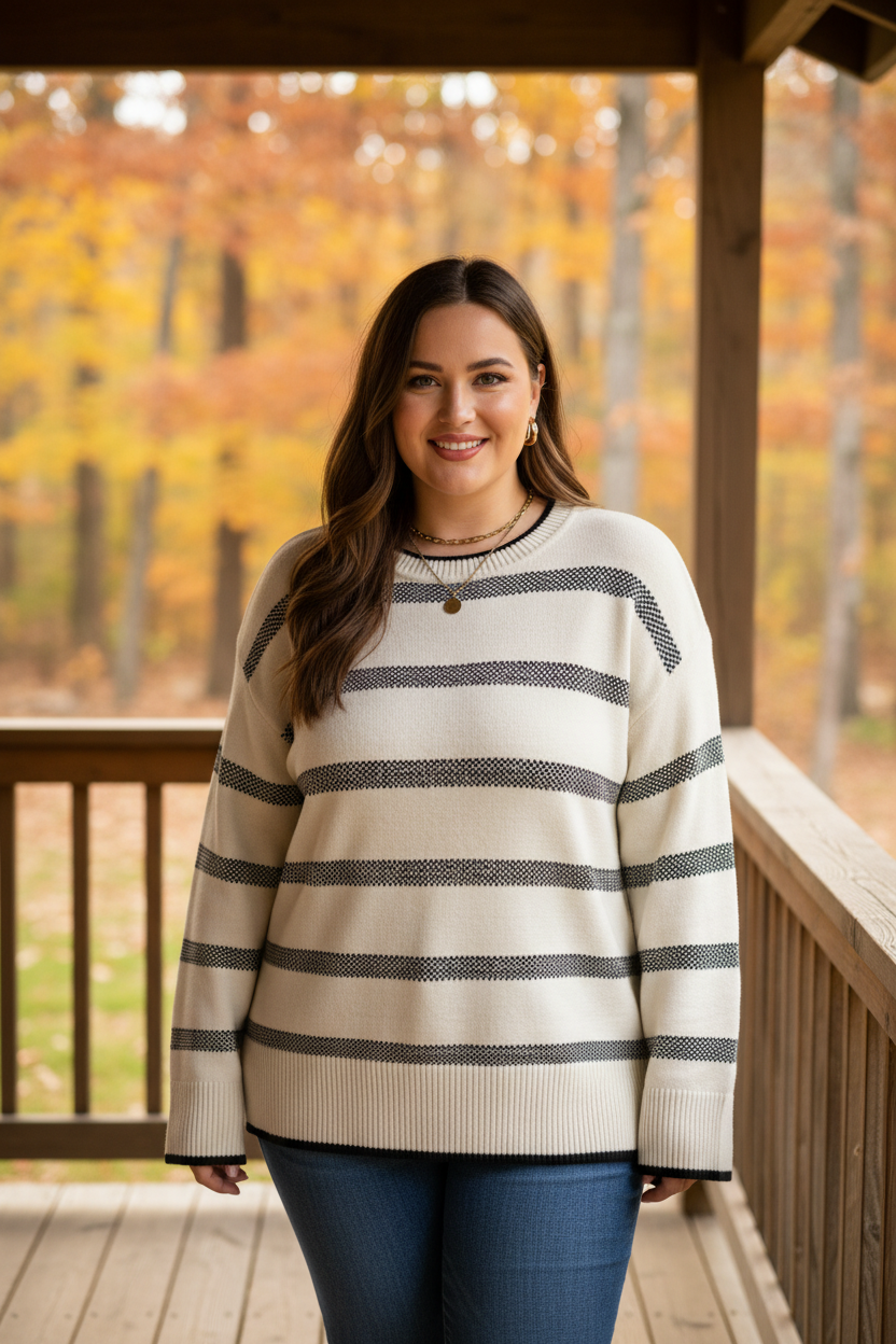Plus Size Stripe Wide Sleeve Crewneck Sweater lifestyle photo