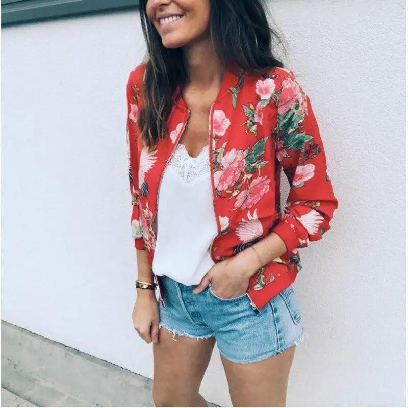 Plus Size Floral Chiffon Print Bomber Jacket