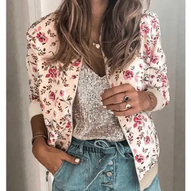Plus Size Floral Chiffon Print Bomber Jacket